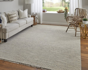 HomeRoots 8' Ivory and Gray Wool Hand-Knotted Area Rug with Fringe - Timeless Style for Any Space 9' X 13' 566675