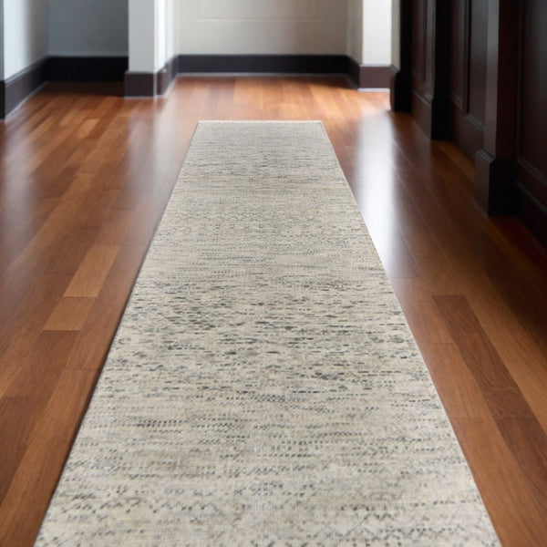 HomeRoots 8' Ivory and Gray Wool Hand-Knotted Area Rug with Fringe - Timeless Style for Any Space 10' Runner 566676