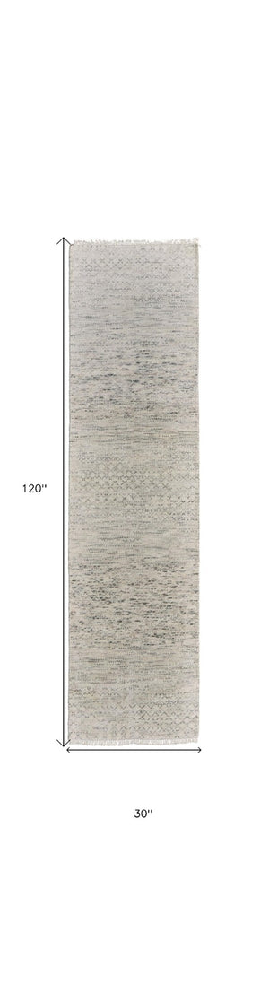 HomeRoots 8' Ivory and Gray Wool Hand-Knotted Area Rug with Fringe - Timeless Style for Any Space 10' Runner 566676
