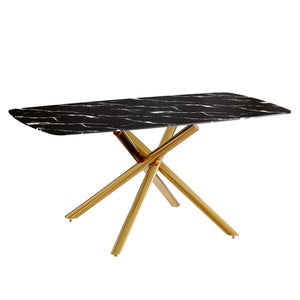 English Elm 63"x35.4" Luxurious Marble-Patterned Tempered Glass Dining Table with Gold Fork Legs, Scratch-Resistant Elegance Black+Gold W1151S03298