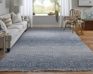 HomeRoots 8' Ivory and Gray Wool Hand-Knotted Area Rug with Fringe - Timeless Style for Any Space 9' X 13' 566689