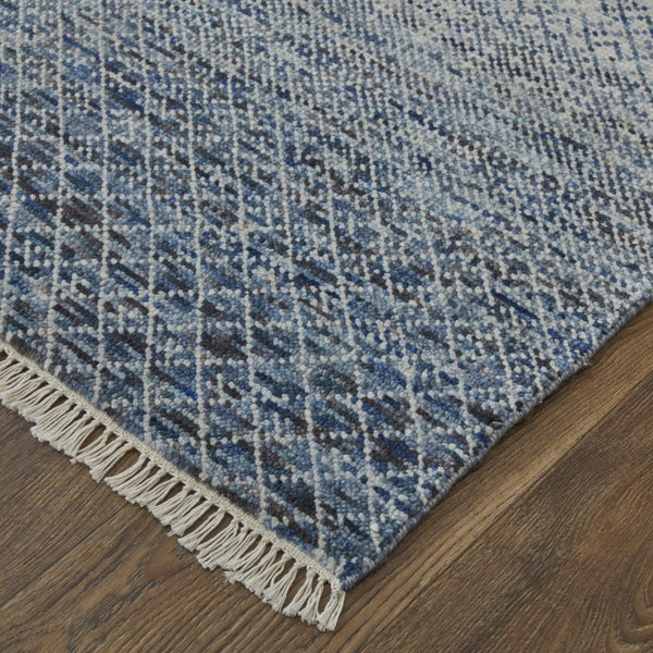HomeRoots 8' Ivory and Gray Wool Hand-Knotted Area Rug with Fringe - Timeless Style for Any Space Blue 566690