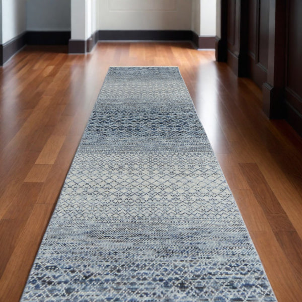 HomeRoots 8' Ivory and Gray Wool Hand-Knotted Area Rug with Fringe - Timeless Style for Any Space Blue 566690