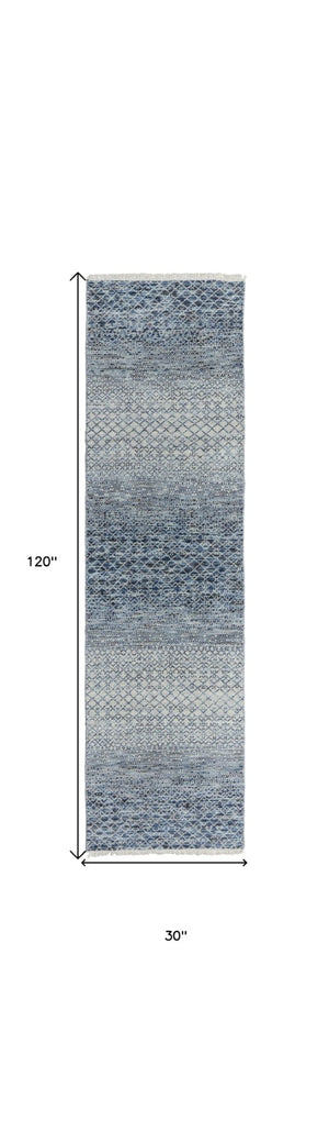 HomeRoots 8' Ivory and Gray Wool Hand-Knotted Area Rug with Fringe - Timeless Style for Any Space Blue 566690