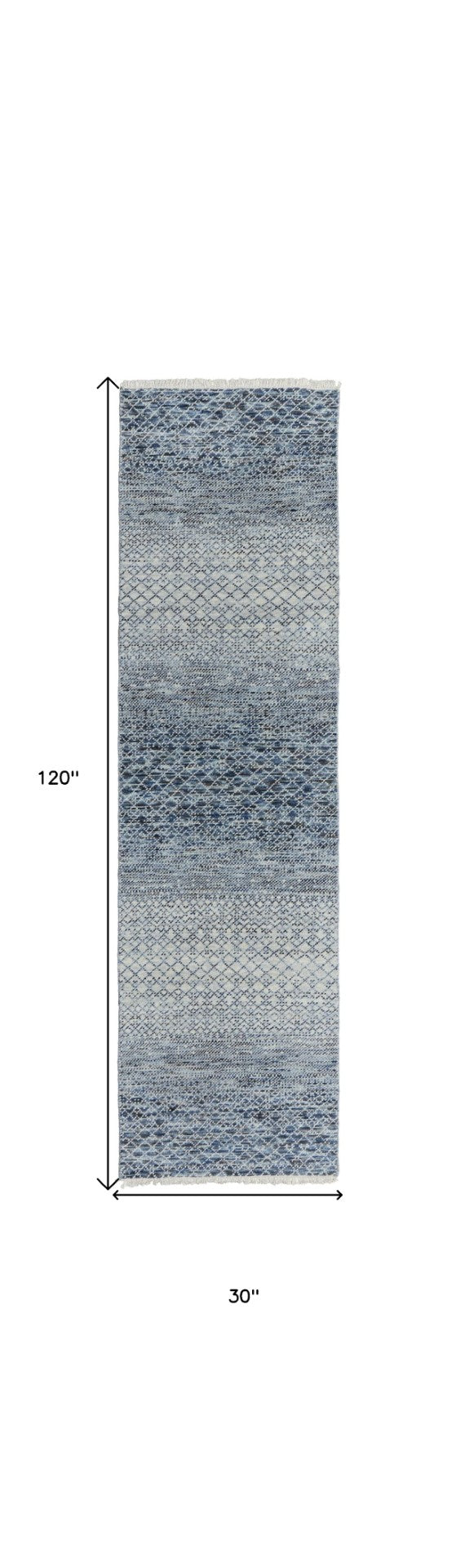 HomeRoots 8' Ivory and Gray Wool Hand-Knotted Area Rug with Fringe - Timeless Style for Any Space Blue 566690