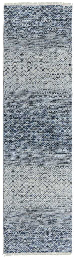 HomeRoots 8' Ivory and Gray Wool Hand-Knotted Area Rug with Fringe - Timeless Style for Any Space Blue 566690