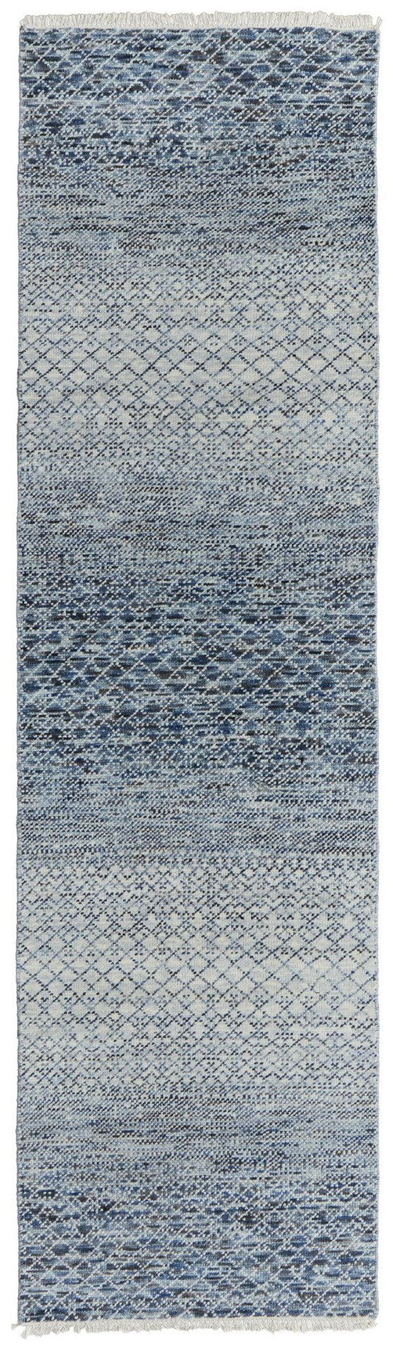 HomeRoots 8' Ivory and Gray Wool Hand-Knotted Area Rug with Fringe - Timeless Style for Any Space Blue 566690