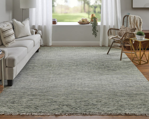HomeRoots 8' Ivory and Gray Wool Hand-Knotted Area Rug with Fringe - Timeless Style for Any Space 9' X 13' 566695