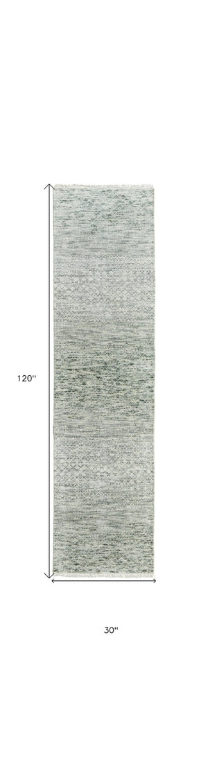 HomeRoots 8' Ivory and Gray Wool Hand-Knotted Area Rug with Fringe - Timeless Style for Any Space 10' Runner 566696