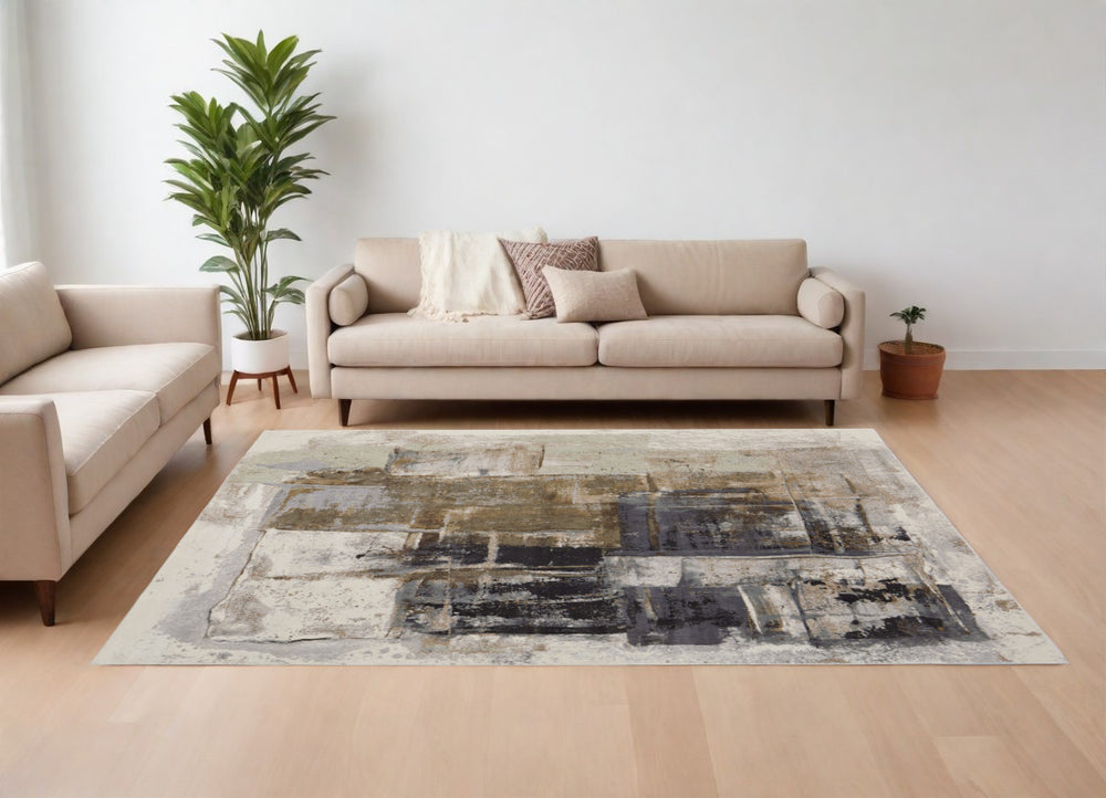 Homeroots 9' X 12' Gray Black And Brown Abstract Power Loom Area Rug Brown Polypropylene 566702
