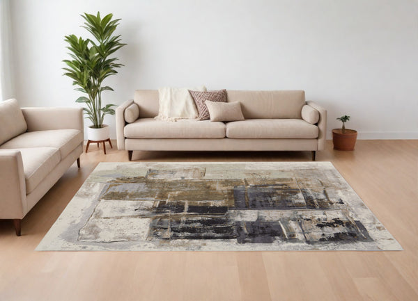 Homeroots 12' X 15' Gray Black And Brown Abstract Power Loom Area Rug Brown Polypropylene 566704
