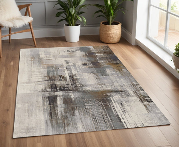 HomeRoots 4' Abstract Power Loom Area Rug in Ivory, Gray, and Brown - Durable, Stain-Resistant Design for Modern Spaces 4' X 6' 566713