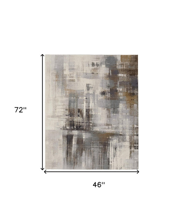 HomeRoots 4' Abstract Power Loom Area Rug in Ivory, Gray, and Brown - Durable, Stain-Resistant Design for Modern Spaces 4' X 6' 566713