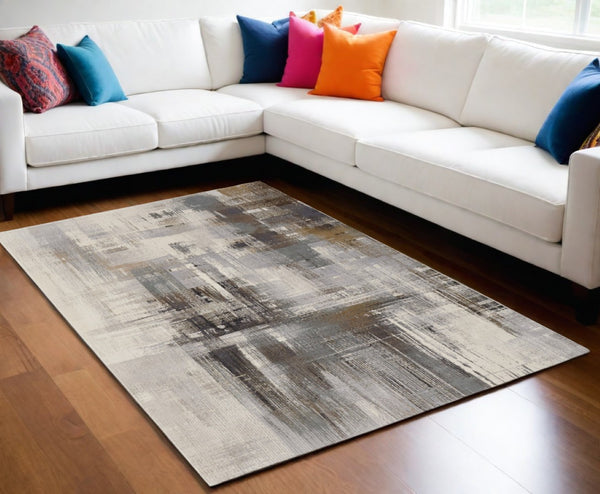 HomeRoots 4' Abstract Power Loom Area Rug in Ivory, Gray, and Brown - Durable, Stain-Resistant Design for Modern Spaces 5' X 8' 566714