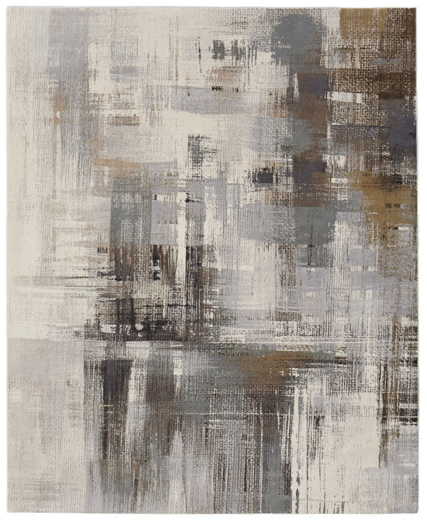 HomeRoots 4' Abstract Power Loom Area Rug in Ivory, Gray, and Brown - Durable, Stain-Resistant Design for Modern Spaces 10' X 13' 566717