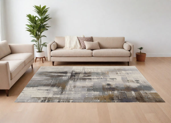 HomeRoots 4' Abstract Power Loom Area Rug in Ivory, Gray, and Brown - Durable, Stain-Resistant Design for Modern Spaces 12' X 15' 566718