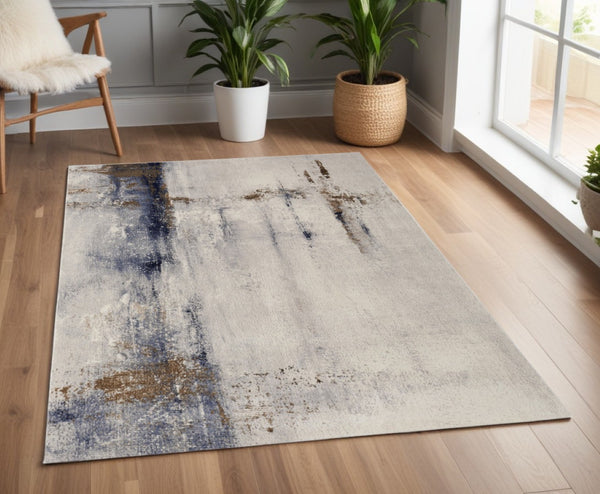 HomeRoots 4' Modern Abstract Ivory, Blue & Brown Stain-Resistant Power Loom Area Rug for High-Traffic Spaces 4' X 6' 566720