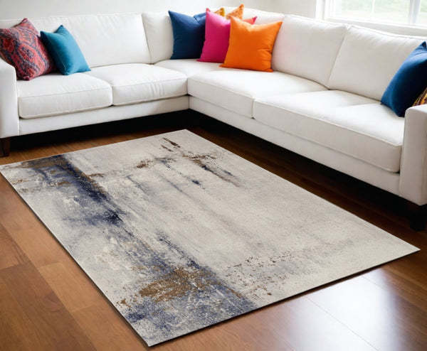 HomeRoots 4' Modern Abstract Ivory, Blue & Brown Stain-Resistant Power Loom Area Rug for High-Traffic Spaces 5' X 8' 566721