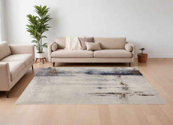 HomeRoots 4' Modern Abstract Ivory, Blue & Brown Stain-Resistant Power Loom Area Rug for High-Traffic Spaces 8' X 10' 566722