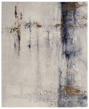 HomeRoots 4' Modern Abstract Ivory, Blue & Brown Stain-Resistant Power Loom Area Rug for High-Traffic Spaces 9' X 12' 566723