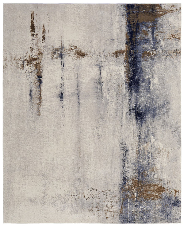 HomeRoots 4' Modern Abstract Ivory, Blue & Brown Stain-Resistant Power Loom Area Rug for High-Traffic Spaces 9' X 12' 566723