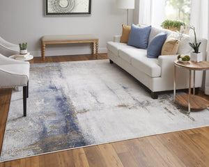 HomeRoots 4' Modern Abstract Ivory, Blue & Brown Stain-Resistant Power Loom Area Rug for High-Traffic Spaces 9' X 12' 566723