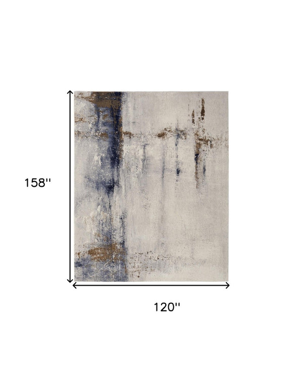 HomeRoots 4' Modern Abstract Ivory, Blue & Brown Stain-Resistant Power Loom Area Rug for High-Traffic Spaces 10' X 13' 566724