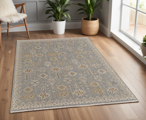 Homeroots 4' X 6' Gray And Ivory Wool Oriental Hand Knotted Area Rug With Fringe Blue Wool 566755