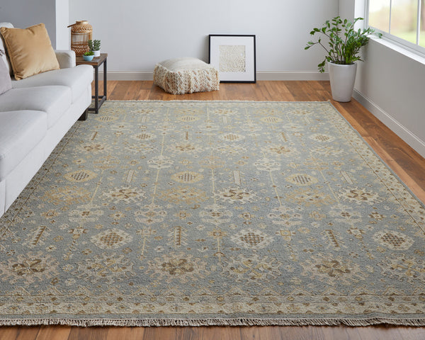 Homeroots 4' X 6' Gray And Ivory Wool Oriental Hand Knotted Area Rug With Fringe Blue Wool 566755