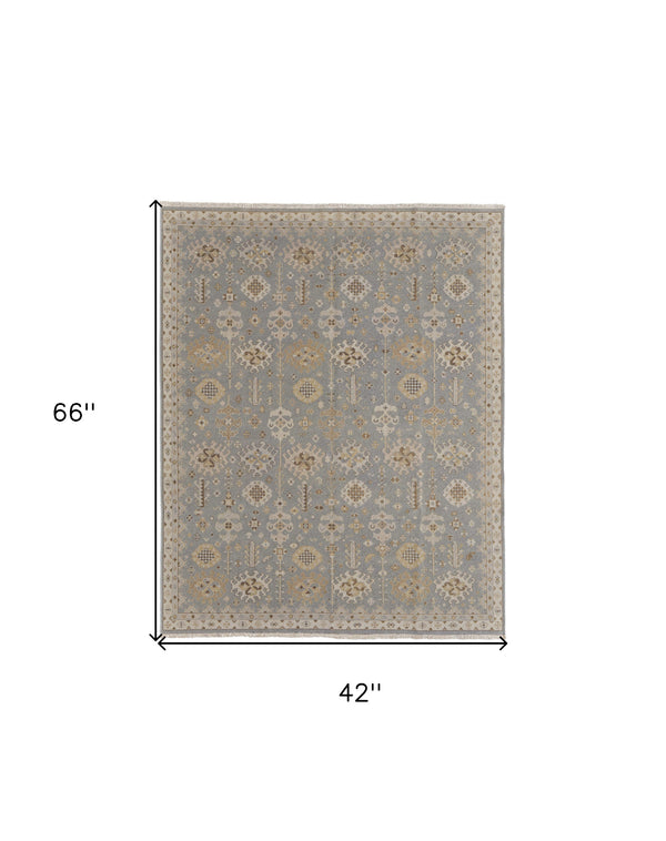 Homeroots 4' X 6' Gray And Ivory Wool Oriental Hand Knotted Area Rug With Fringe Blue Wool 566755