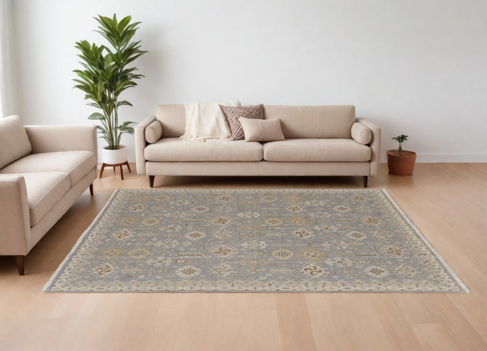 Homeroots 6' X 9' Gray And Ivory Wool Oriental Hand Knotted Area Rug With Fringe Blue Wool 566756