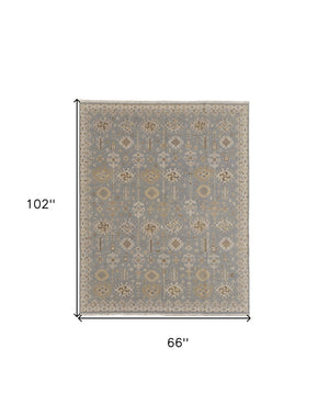 Homeroots 6' X 9' Gray And Ivory Wool Oriental Hand Knotted Area Rug With Fringe Blue Wool 566756