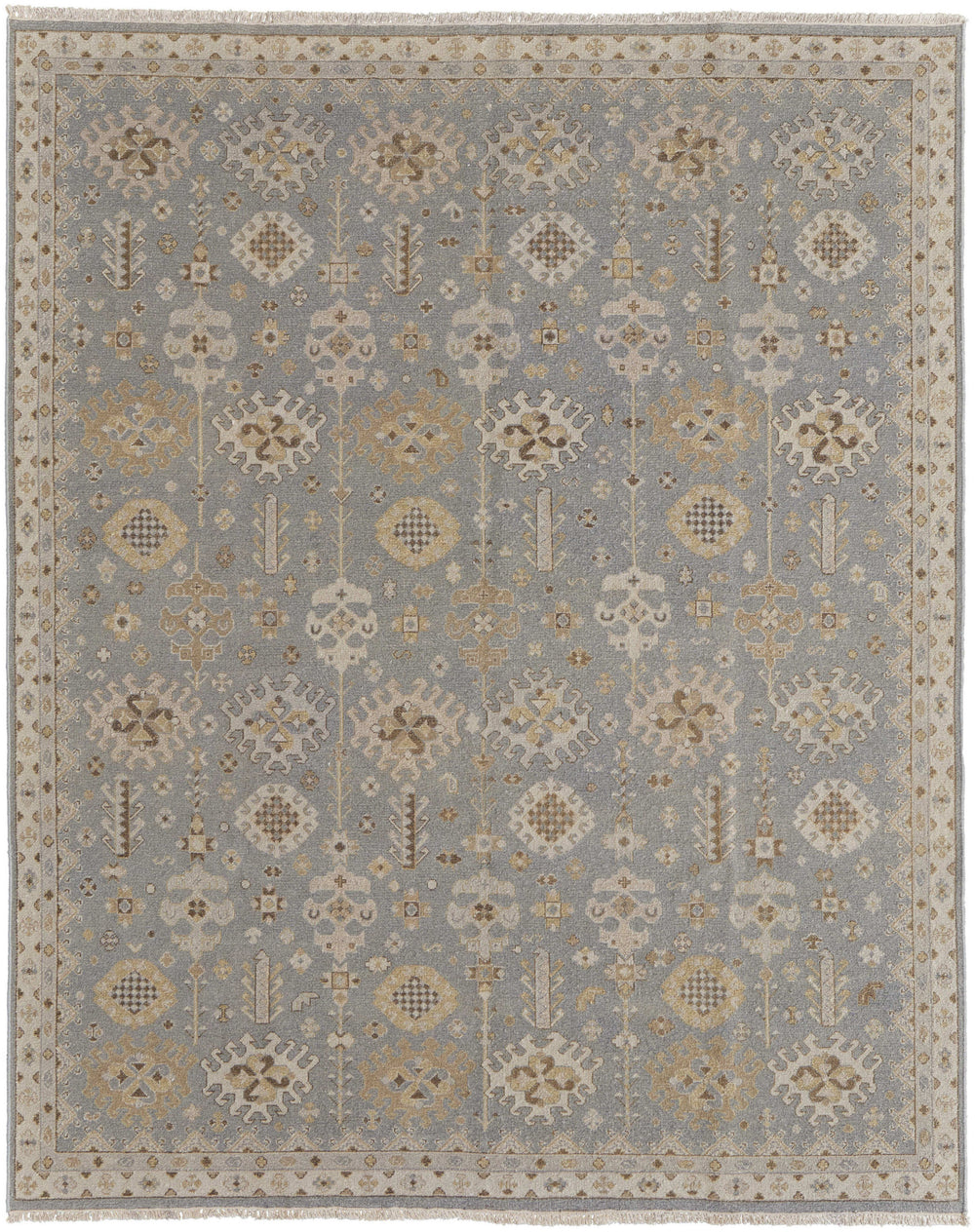 Homeroots 6' X 9' Gray And Ivory Wool Oriental Hand Knotted Area Rug With Fringe Blue Wool 566756