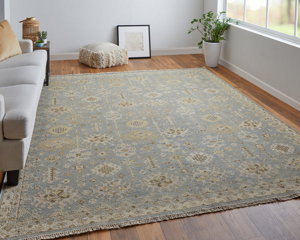 Homeroots 8' X 10' Gray And Ivory Wool Oriental Hand Knotted Area Rug With Fringe Blue Wool 566757