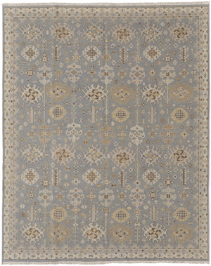 Homeroots 8' X 10' Gray And Ivory Wool Oriental Hand Knotted Area Rug With Fringe Blue Wool 566757