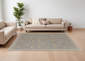 Homeroots 8' X 12' Gray And Ivory Wool Oriental Hand Knotted Area Rug With Fringe Blue Wool 566758