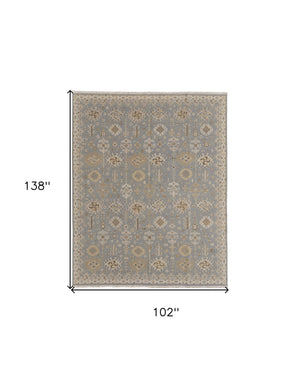 Homeroots 8' X 12' Gray And Ivory Wool Oriental Hand Knotted Area Rug With Fringe Blue Wool 566758