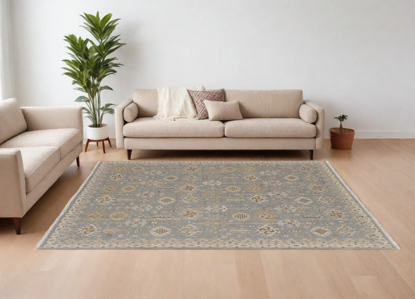 Homeroots 12' X 15' Gray And Ivory Wool Oriental Hand Knotted Area Rug With Fringe Blue Wool 566759