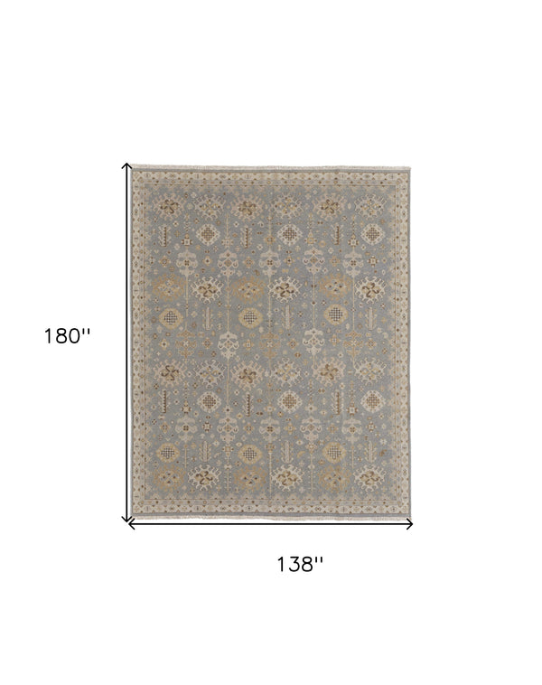 Homeroots 12' X 15' Gray And Ivory Wool Oriental Hand Knotted Area Rug With Fringe Blue Wool 566759