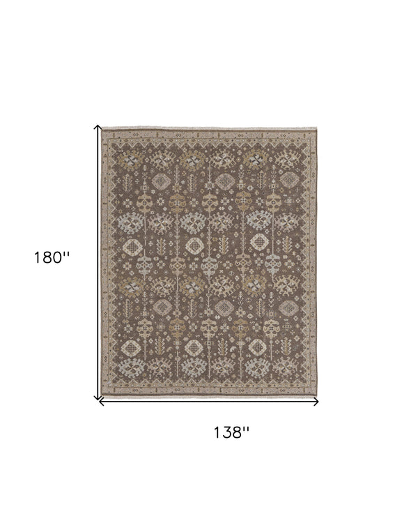 Homeroots 12' X 15' Tan And Brown Wool Oriental Hand Knotted Area Rug With Fringe Brown Wool 566766
