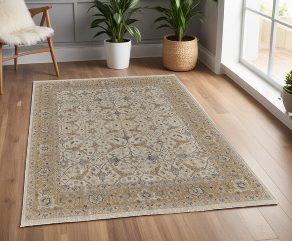HomeRoots 4' Tan and Gray Wool Oriental Hand-Knotted Area Rug – Elegant Design for Living Spaces & Comfort 4' X 6' 566774