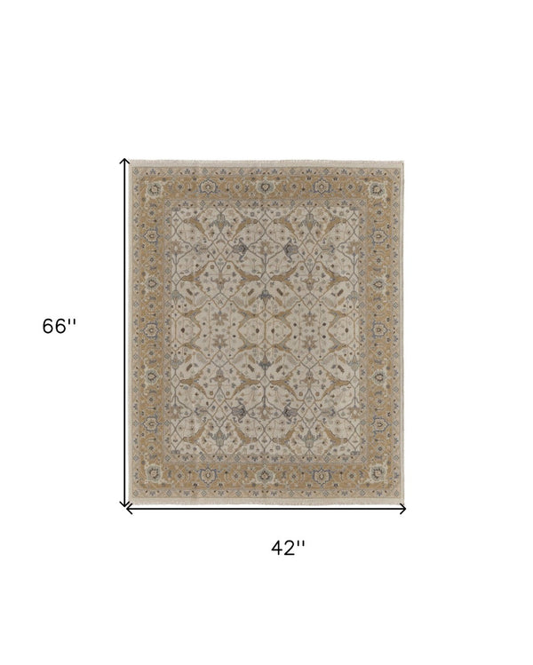 HomeRoots 4' Tan and Gray Wool Oriental Hand-Knotted Area Rug – Elegant Design for Living Spaces & Comfort 4' X 6' 566774