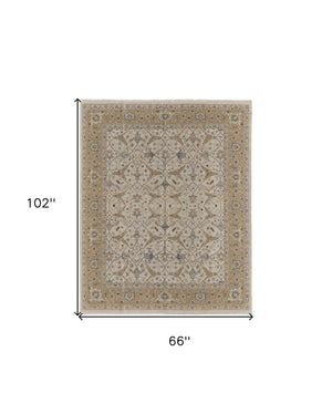 HomeRoots 4' Tan and Gray Wool Oriental Hand-Knotted Area Rug – Elegant Design for Living Spaces & Comfort 6' X 9' 566775