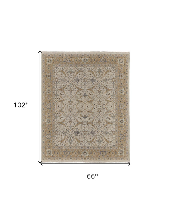 HomeRoots 4' Tan and Gray Wool Oriental Hand-Knotted Area Rug – Elegant Design for Living Spaces & Comfort 6' X 9' 566775