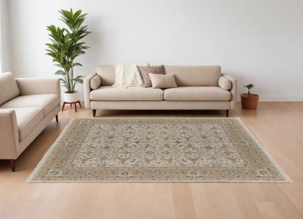 HomeRoots 4' Tan and Gray Wool Oriental Hand-Knotted Area Rug – Elegant Design for Living Spaces & Comfort 8' X 10' 566776