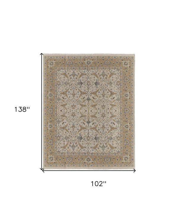 HomeRoots 4' Tan and Gray Wool Oriental Hand-Knotted Area Rug – Elegant Design for Living Spaces & Comfort 8' X 12' 566777