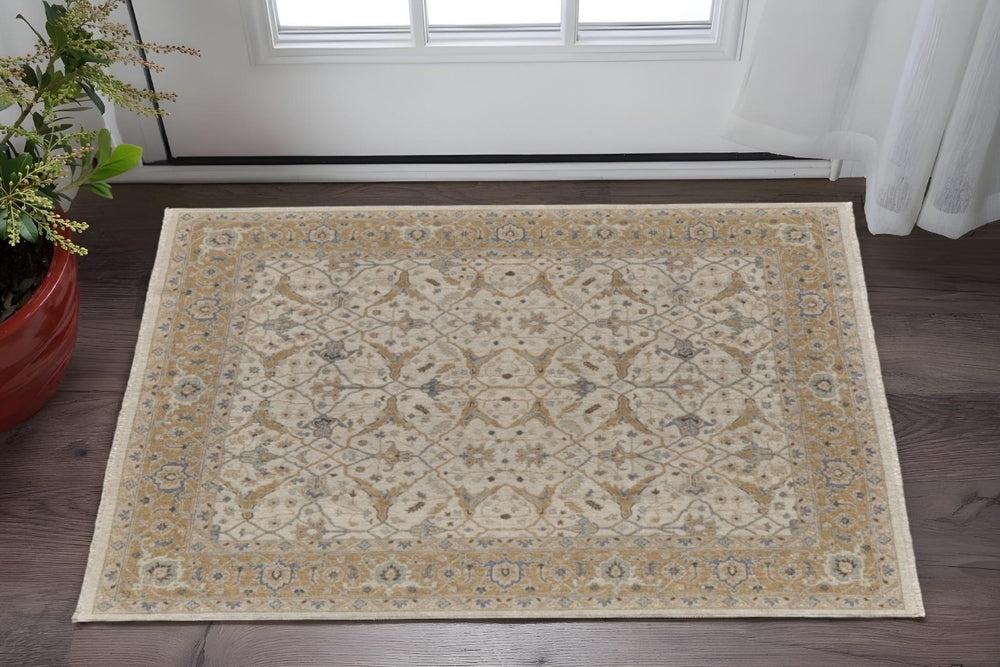 HomeRoots 4' Tan and Gray Wool Oriental Hand-Knotted Area Rug – Elegant Design for Living Spaces & Comfort 2' X 3' 566779