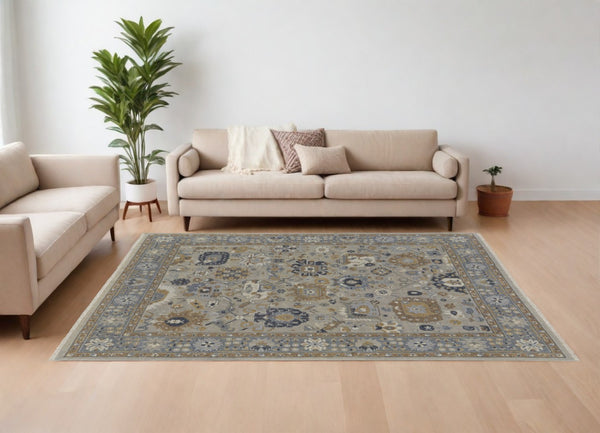 HomeRoots 4' Timeless Gray and Brown Hand-Knotted Wool Oriental Area Rug with Artisan Fringe Detail 12' X 15' 566785