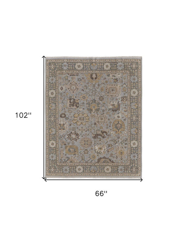 HomeRoots 4' Timeless Gray and Brown Hand-Knotted Wool Oriental Area Rug with Artisan Fringe Detail 6' X 9' 566788
