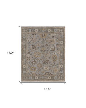HomeRoots 4' Timeless Gray and Brown Hand-Knotted Wool Oriental Area Rug with Artisan Fringe Detail 9' X 13' 566791